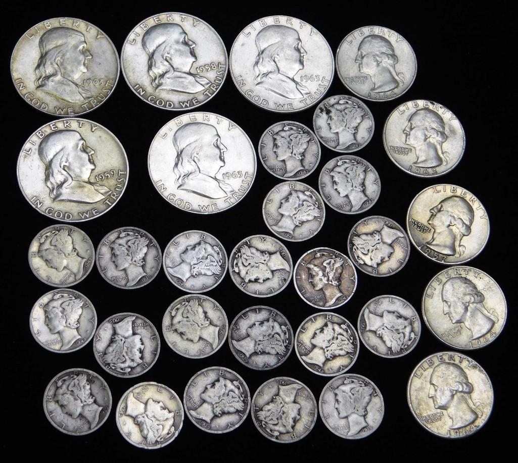25 Coins incl 5 Franklin Half Dollars , 15 Mercury (1 of 2)