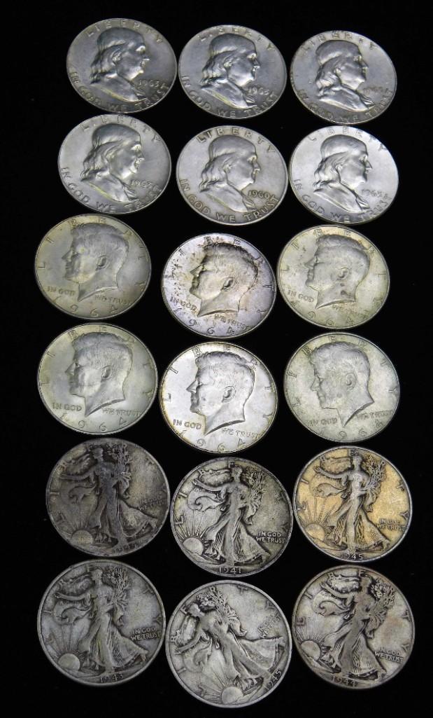 18 Half Dollars 90% Silver incl 6 Walking Liberty , 6 (1 of 8)