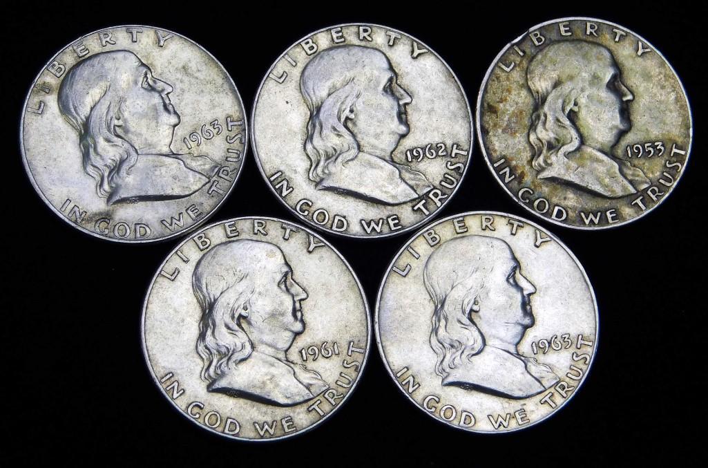 Lot of 5 Franklin Half Dollars 90% Silver (1 of 2)
