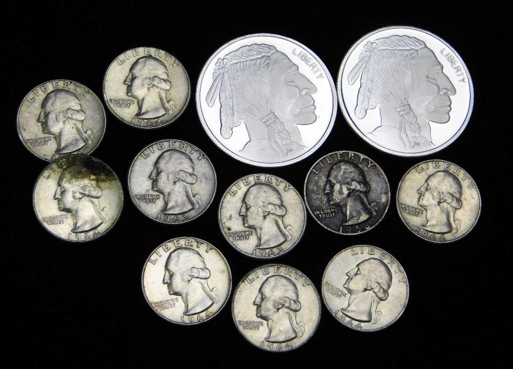 2 BU Indian Head Buffalo Silver Rounds and 10 (1 of 2)