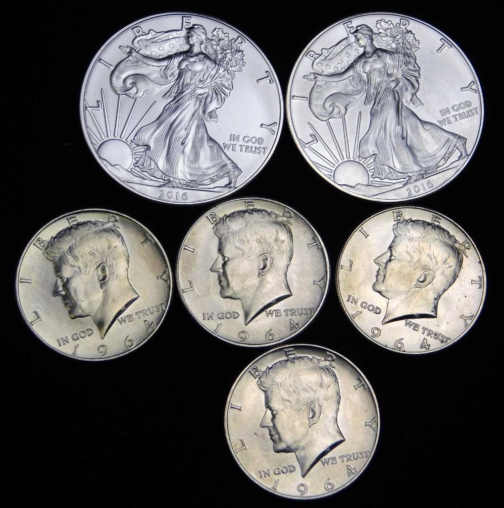 2 BU 2016 American Silver Eagles and 4 AU 1964 Kennedy (1 of 2)