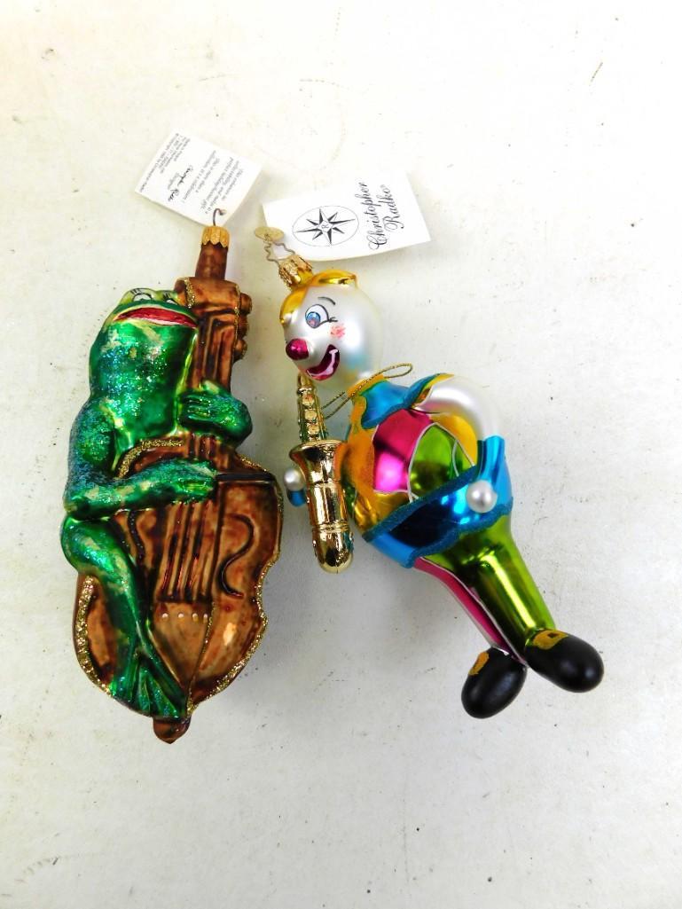 Lot of 2 Radko Glass Christmas Ornaments Frog playing: Lot of 2 Christopher Radko Glass Christmas Ornaments Frog playing Cello and Clown Playing Saxophone ( Circus Sax ) both with tags 