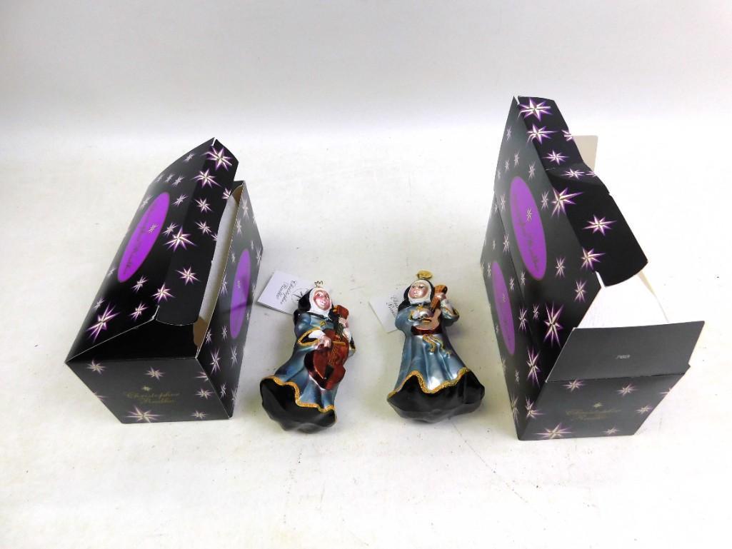 Pair Swing Sisters Glass Ornaments Christopher Radko: Pair Swing Sisters Glass Ornaments with boxes made by Christopher Radko Looks like a pair of nuns playing cello and guitar