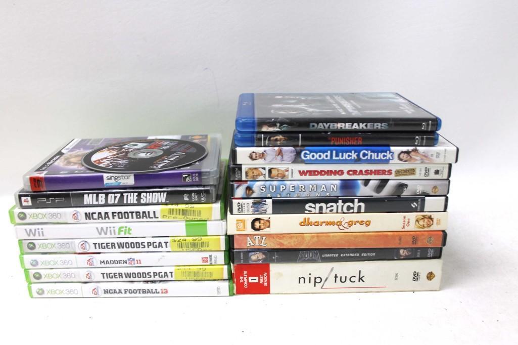 Video Game / DVD Lot including Wii, XBox 360, PSP: Video Game / DVD Lot including Wii, XBox 360, PSP Sports Games NCAA, Tiger Woods, Madden Wii Fit, MLB, Sing Star Also includes Day Breakers, The Punisher, Good Luck Chuck, Wedding crashers, Superman R
