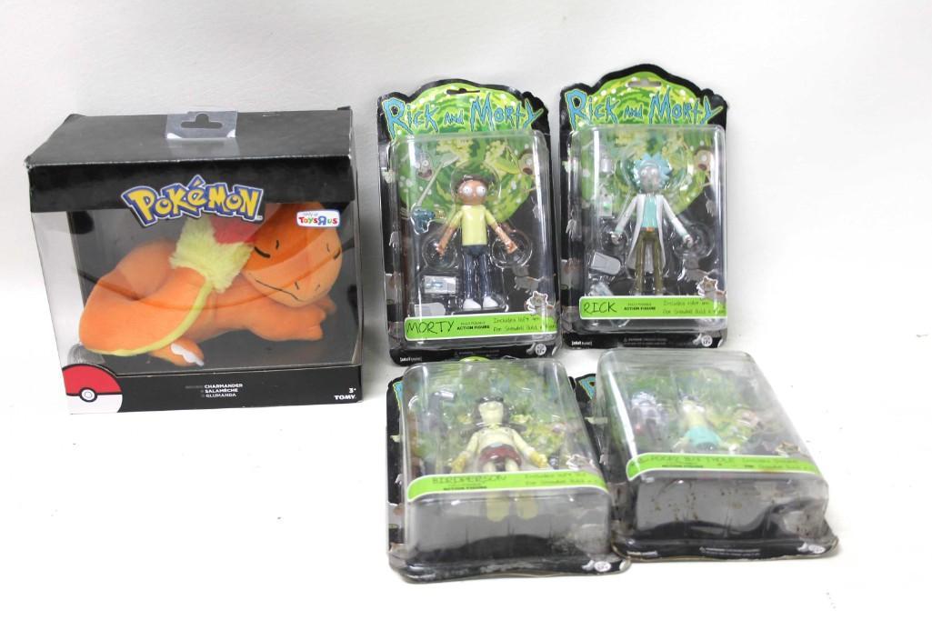 Plush Charmander NIB & 4 Rick and Morty Action Figures (1 of 5)