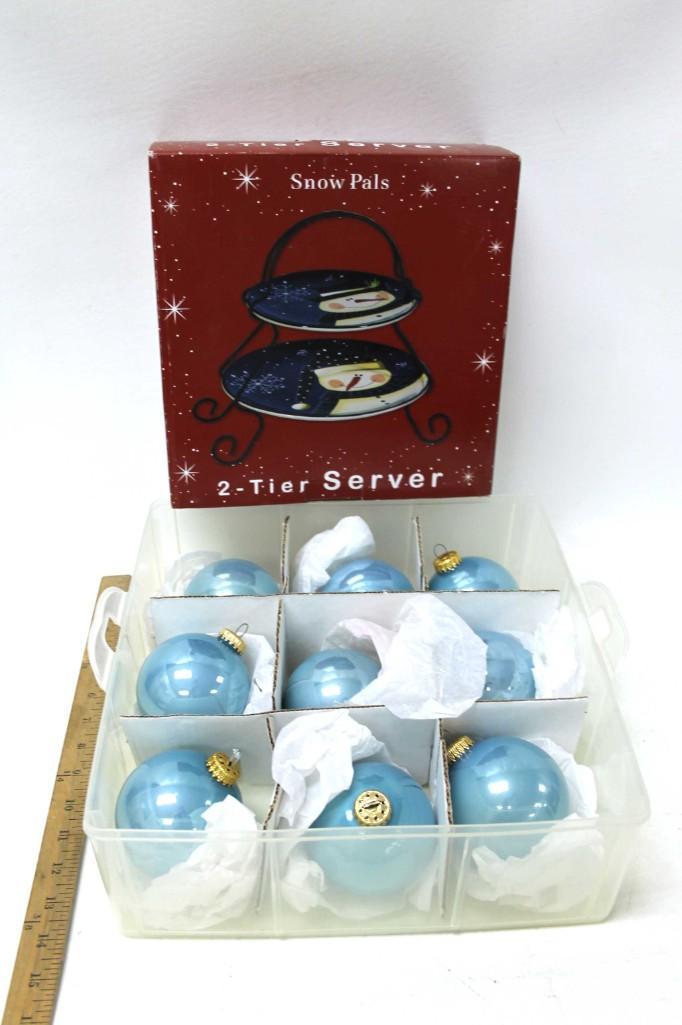 2-Tier Snow Pals Server NIB plus Blue Christmas: 2-Tier Snow Pals Server New in Box plus Blue Christmas Ornaments
