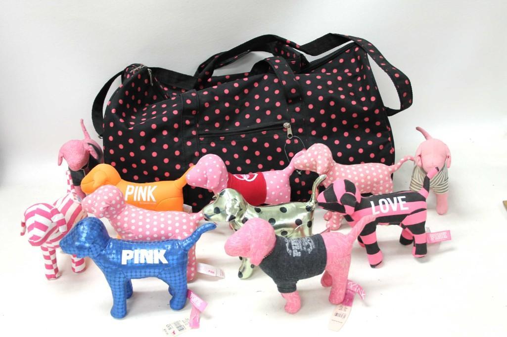 11 Victoria's Secret Plush Dogs Pink , Love , Etc and a: Lot of 11 Victoria's Secret Plush Dogs Pink , Love , Etc and a Polka Dot Bag
