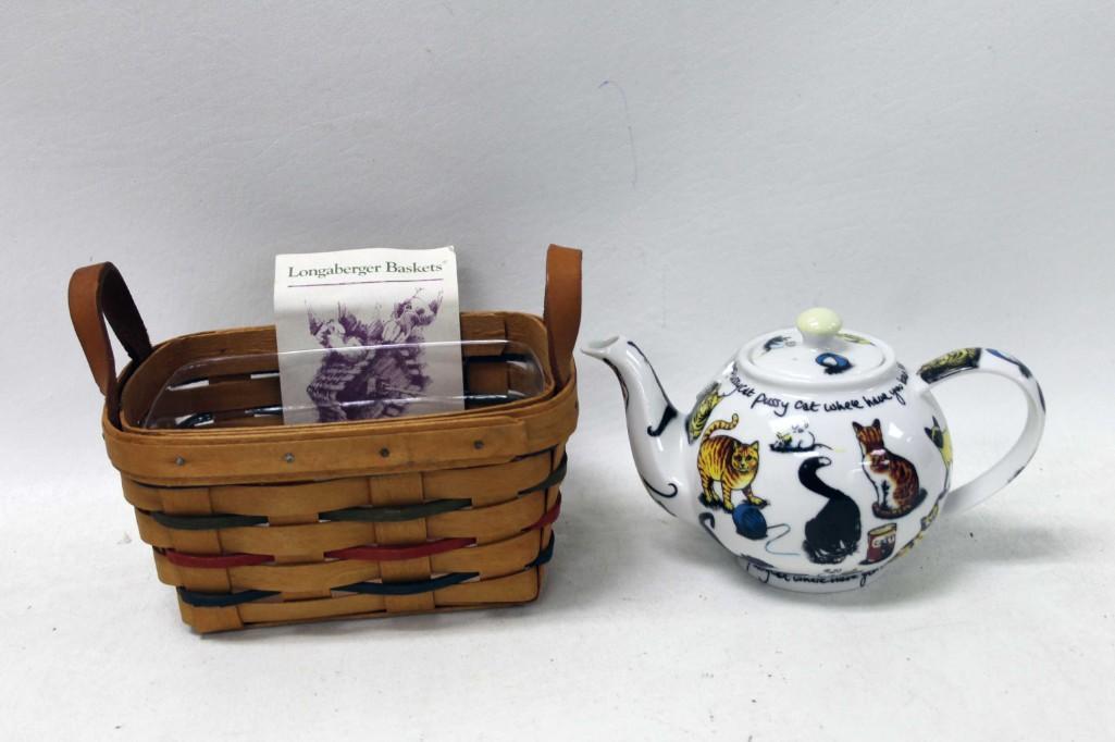 Longaberger Basket and a Cat Teapot: 1997 Longaberger Basket and a Cardew Classic Cat Teapot