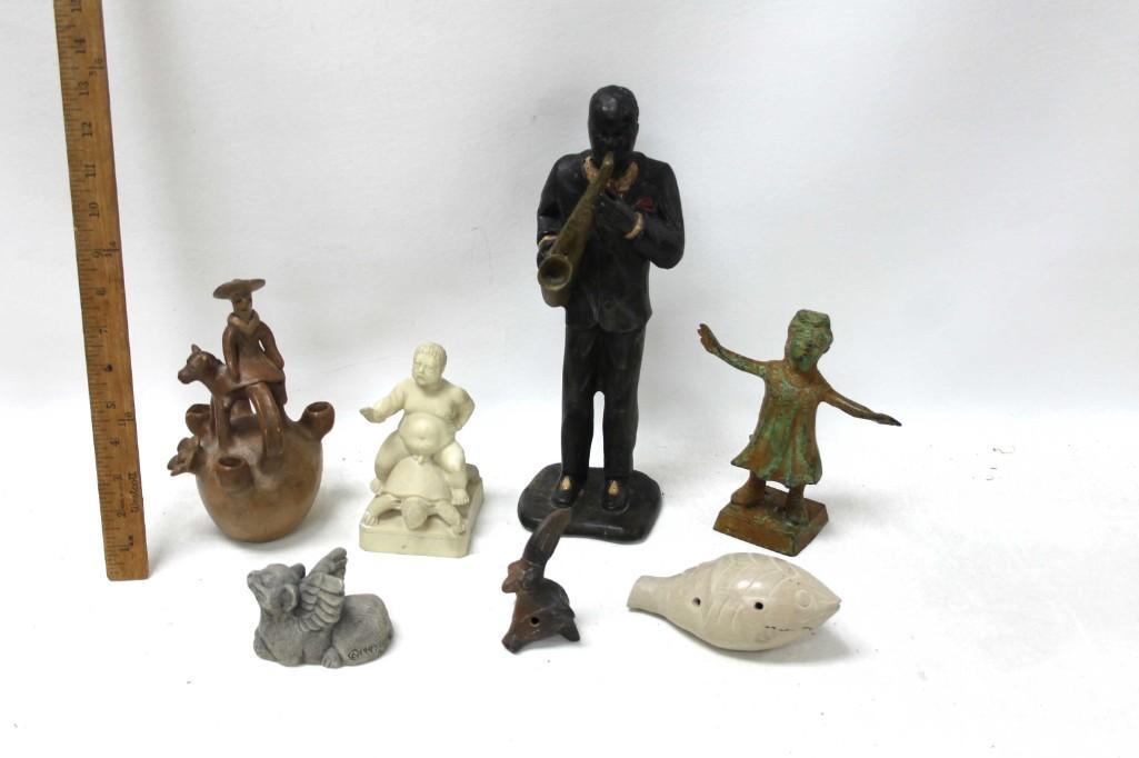 Lot of Figures incl Man Playing Saxophone, Man Riding: Lot of Figures incl Man Playing Saxophone, Man Riding Turtle , Fish , Girl , Etc