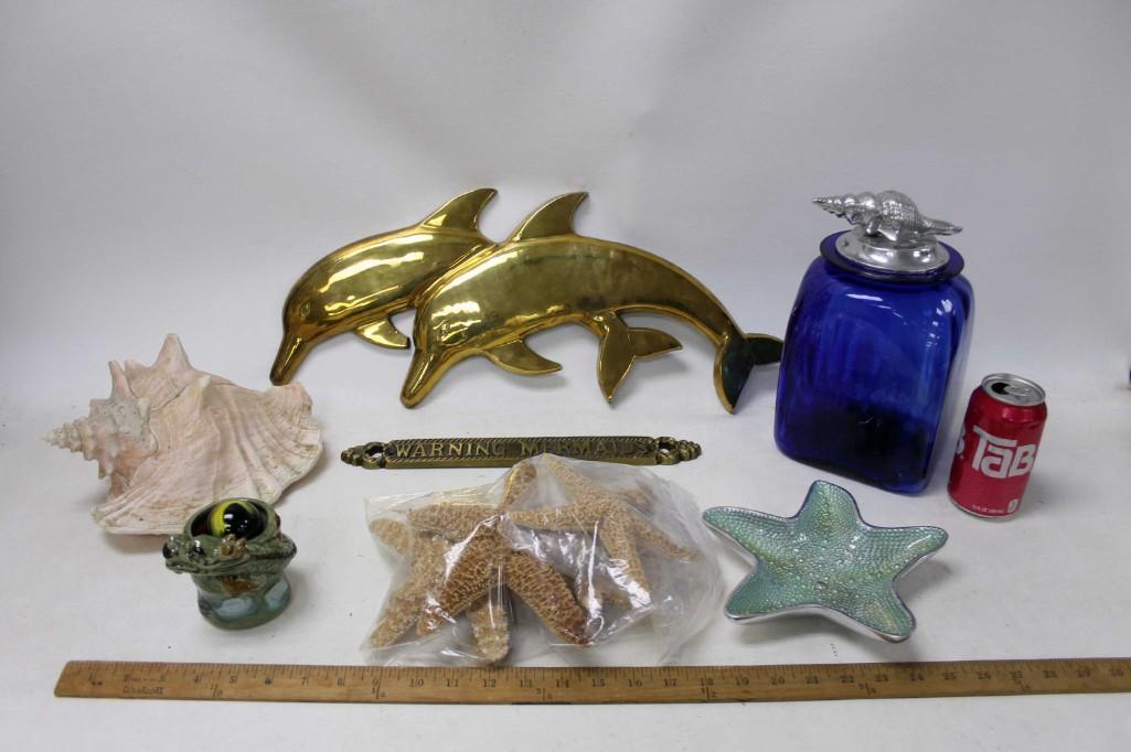 Beach Decor Lot incl Seashells , Brass Dolphins ,: Beach Decor Lot incl Seashells , Brass Dolphins , Warning Mermaids Sign , Seashell Jar , Mariposa Star Fish Dish