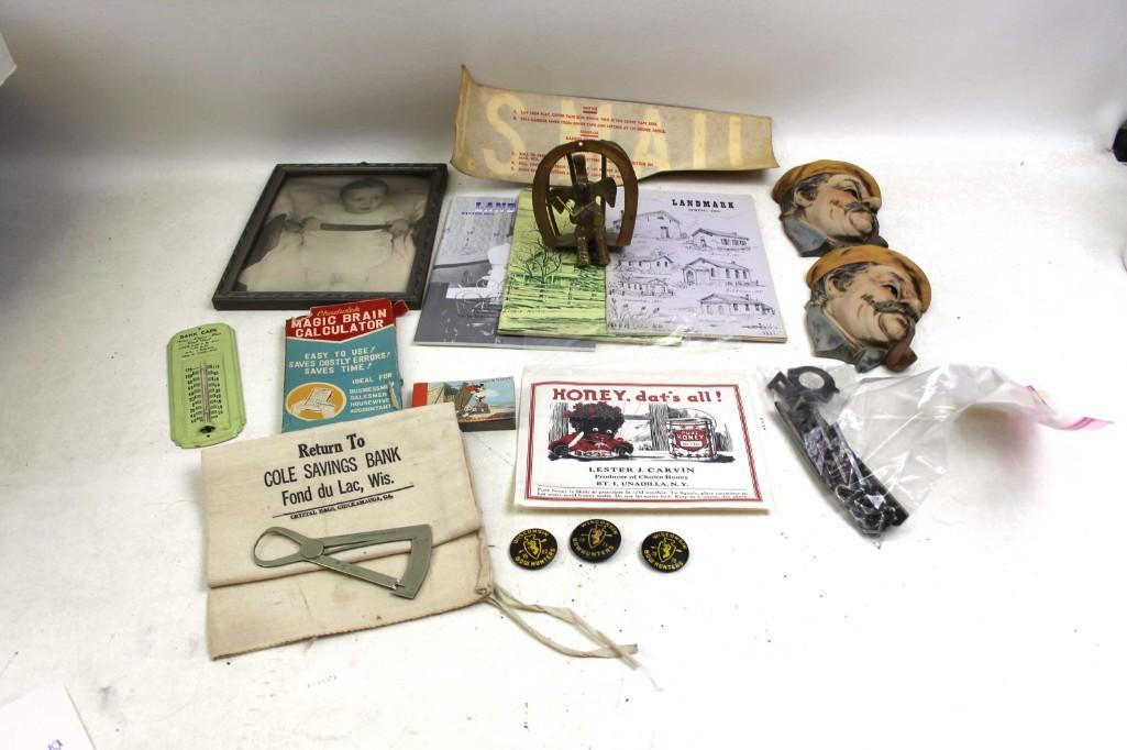 Lot of Vintage Smalls incl Walt Disney Picture Flip: Lot of Vintage Smalls incl Walt Disney Picture Flip Book, Metal Advertising Thermometer , Car Emblems , Black Americana Item , etc