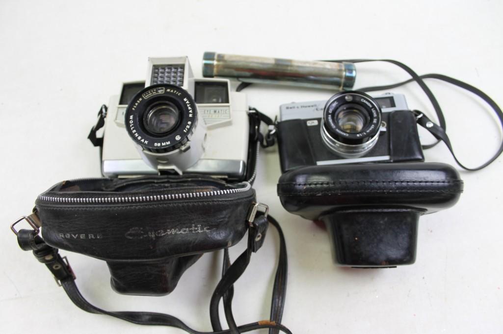 Camera Lot incl Revere Eye-Matic Camera with Wollensak: Camera Lot incl Revere Eye-Matic Camera with Wollensak Raptar Lens and Bell & Howell/Canon Canonet QL19 Camera and a Silver Plated Kaleidoscope