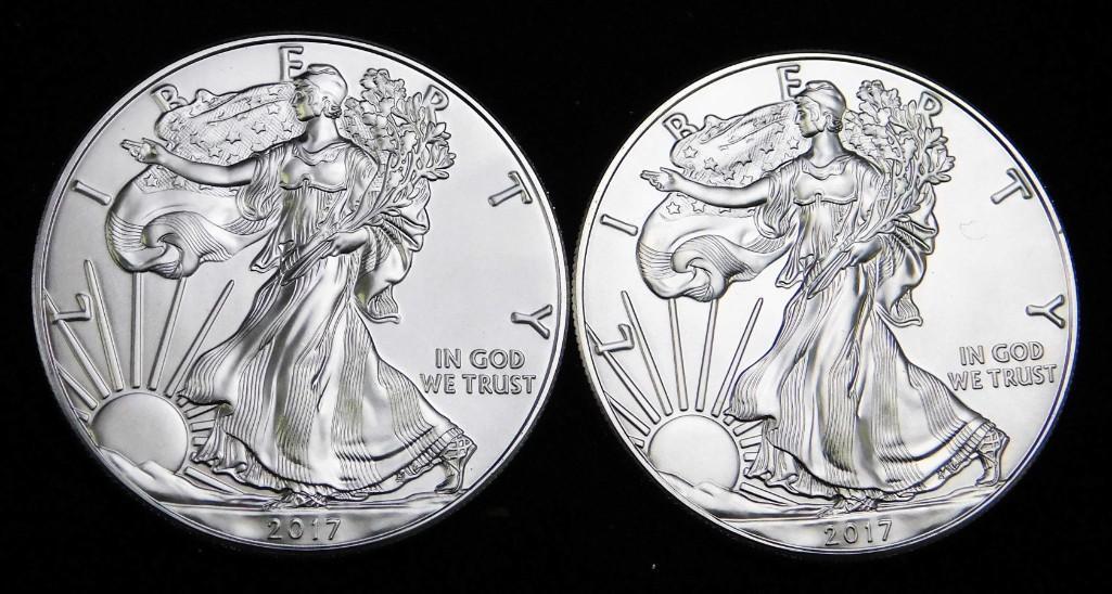 2 BU 2017 American Silver Eagles 1 oz Fine Silver: 2 Brilliant Uncirculated 2017 American Silver Eagle 1 ounce Fine Silver Rounds