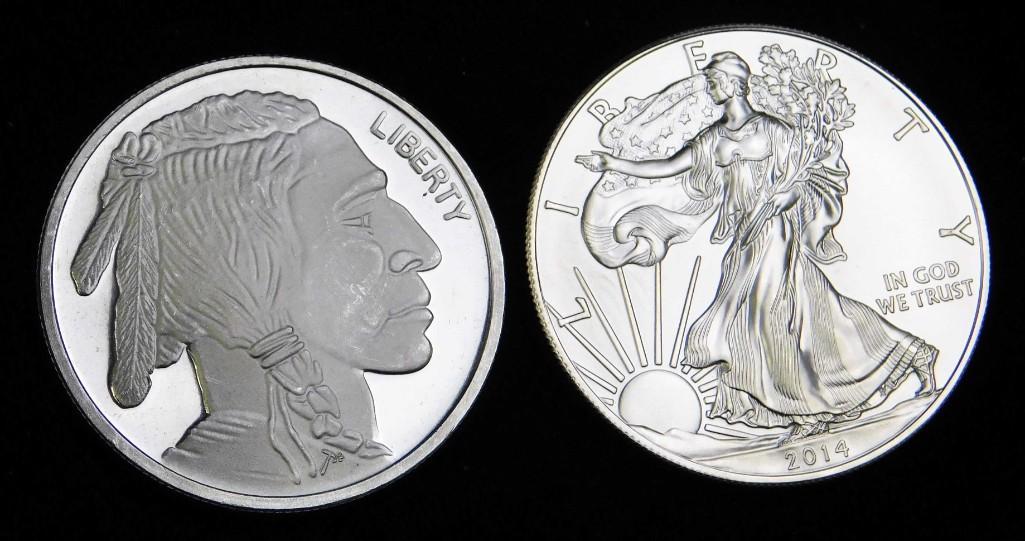 2 Silver Rounds incl BU 2014 American Silver Eagle & 1: Lot of 2 silver rounds including a 2014 brilliant uncirculated American Silver Eagle 1 oz Silver Dollar Round Plus a 1 ounce Buffalo Indian Head Silver Round for a total of 2 ounces of fine silver