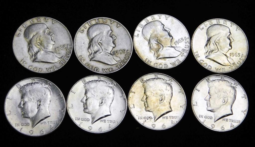 8 Half Dollars 90% Silver incl 4 AU 1964 Kennedy and 4: 4 Almost Uncirculated 1964 Kennedy Half Dollars 90% Silver , plus 4 Extra Fine Franklin Half Dollars 90% Silver