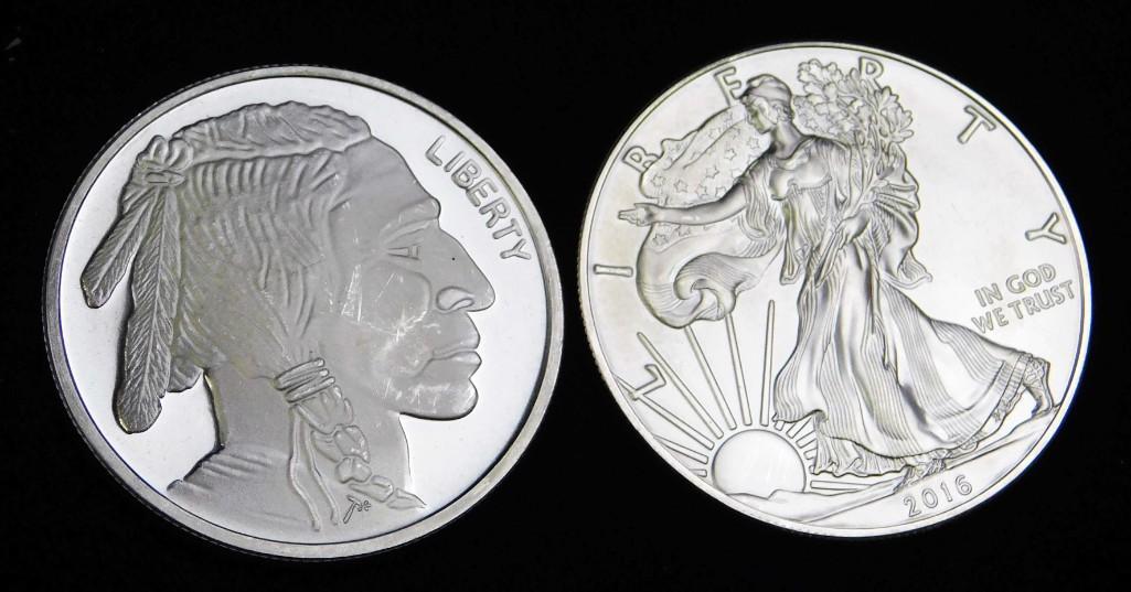 2 Silver Rounds incl 2016 BU American Silver Eagle and: 2 Silver Rounds incl 2016 Brilliant Uncirculated American Silver Eagle and Brilliant Uncirculated Indian Head Buffalo Silver Round . Each is 1 ounce of fine silver for a total of 2 ounces