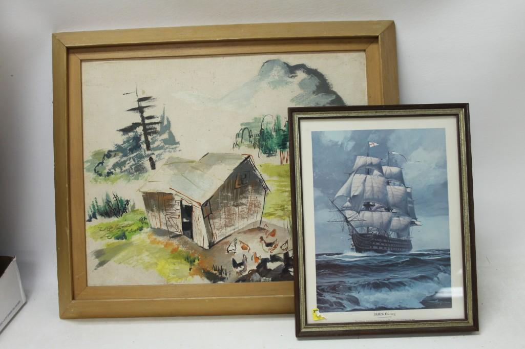 Lot of 2 framed pictures Sailboat and house: Lot of 2 framed pictures Sailboat and house House looks to be a painting and is signed by maridan(sp?) Boat is the HMS Victory and that is a print House is roughly 25" x 21" boat is roughly 15" 