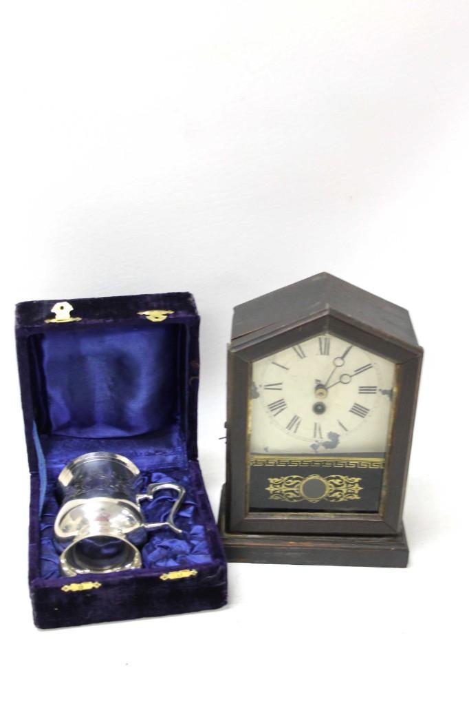 Vintage Wall or Mantel Clock and nice Metal Cup with: Vintage Wall or Mantel Clock and nice Metal Cup with case Clock runs well