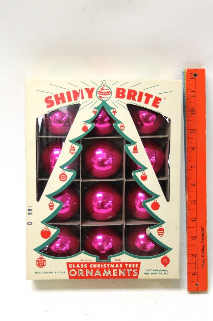Box of 12 Vintage Shiny Brite Christmas Ornaments: Vintage Box of 12 Mercury Glass Shiny Brite Christmas Ornaments Magenta pink color Lot A