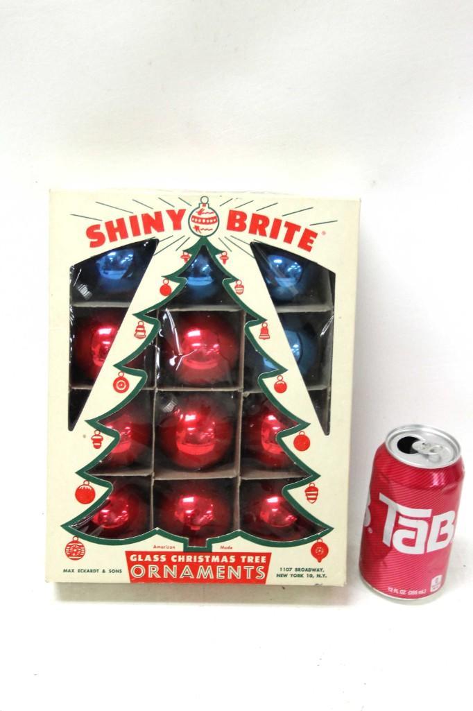 Box of 12 Vintage Shiny Brite Christmas Ornaments: Box of 12 Vintage Shiny Brite Christmas Ornaments Mercury Glass Red and Blue Lot B
