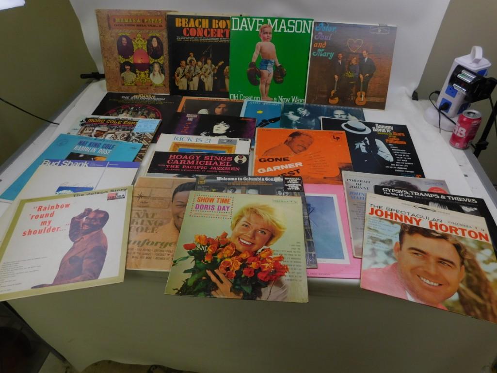 Lot of 25 Vinyl LP Records including Rock, Folk, and: Lot of 25 Vinyl LP Records including Rock and Misc. Includes Mamas & the Papas, Beach Boys, Dave Mason, Peter Paul & Mary, The 5th Dimension, Nat King Cole, Bud Shank, Al Jolson, Doris Day, Johnny Hor