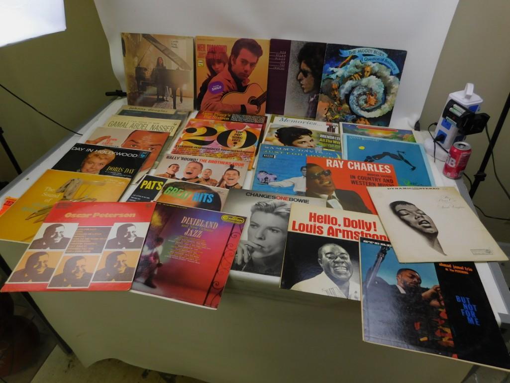 Lot of 25 Vinyl LP Records including Jazz, Classic: Lot of 25 Vinyl LP Records including Jazz, Classic Rock, etc. Includes, Carole King, Neil Diamond, Bob Dylan, The Moody Blues, David Bowie, Louis Armstrong, Steve Winwood, Ray Charles, Doris Day, Gama