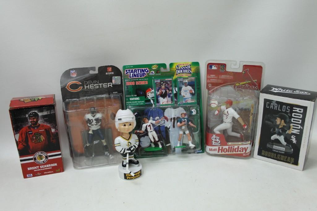 Lot of Sports Figures, Bobble Heads, Starting Lineup,: Lot of Sports Figures, Bobble Heads, Starting Lineup, etc. Includes Brent Seabrook, Devin Hester, Matt Holliday, Carlos Rodon, Pittsburgh Penguins and John Elway / Dan Marino Starting Lineup