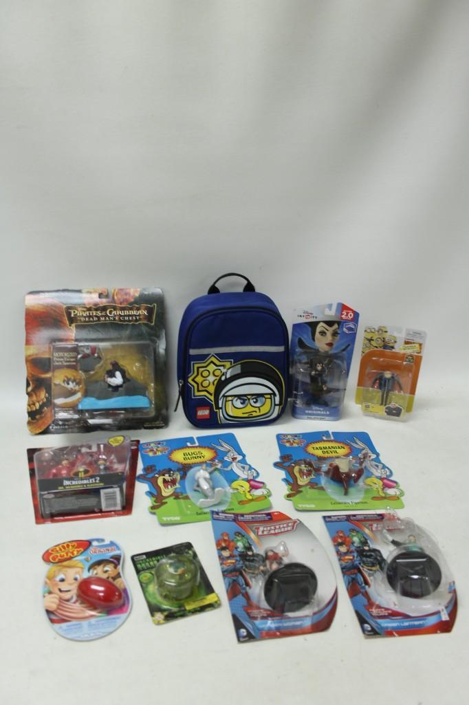 Toy Lot - Lego, Looney Tunes, Disney, Justice League,: Toy Lot - Lego, Looney Tunes, Disney, Justice League, etc. Pirates of the Caribbean, Lego Backpack, Maleficent, Despicable Me, Bugs Bunny, Tasmanian Devil, Incredibles, Silly Putty, Incredible Hulk, W