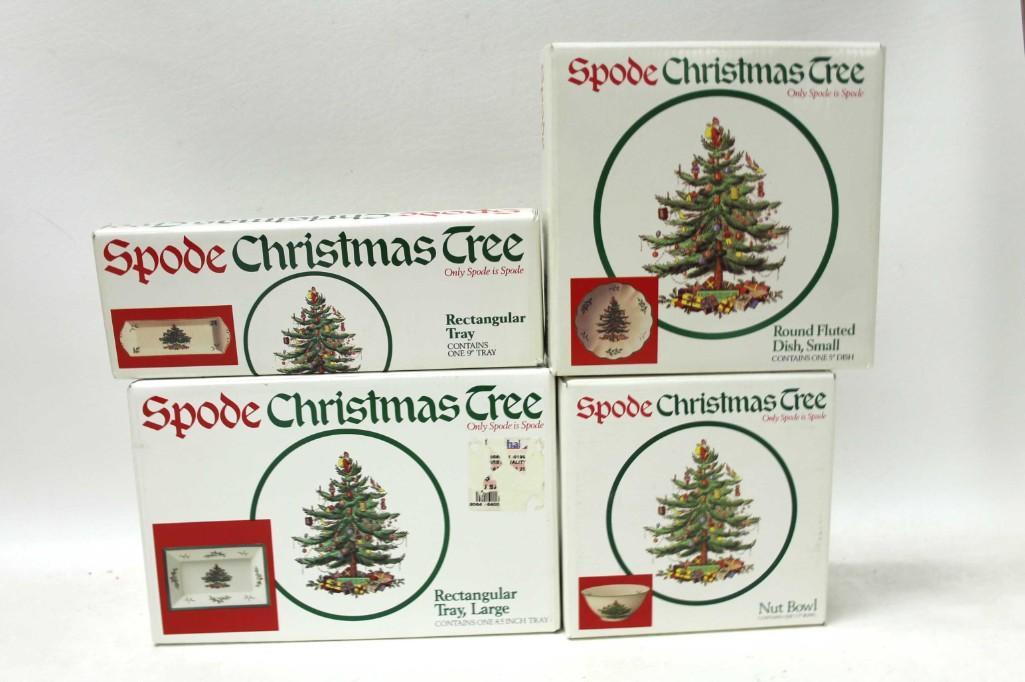 4 Spode Christmas Tree Serving Dishes New in Box: 4 Spode Christmas Tree Serving Dishes New in Box including the Rectangular Tray , Rectangular Tray Large , Round Fluted Dish , Small , Nut Bowl