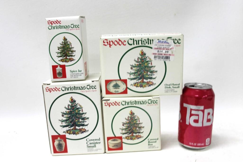 4 Spode Christmas Tree Items incl Canister , Spice Jar,: Spode Christmas Tree Pattern Covered Canister Small, Spice Jar , Oval Fluted Dish Small , Covered Round Box New in Box