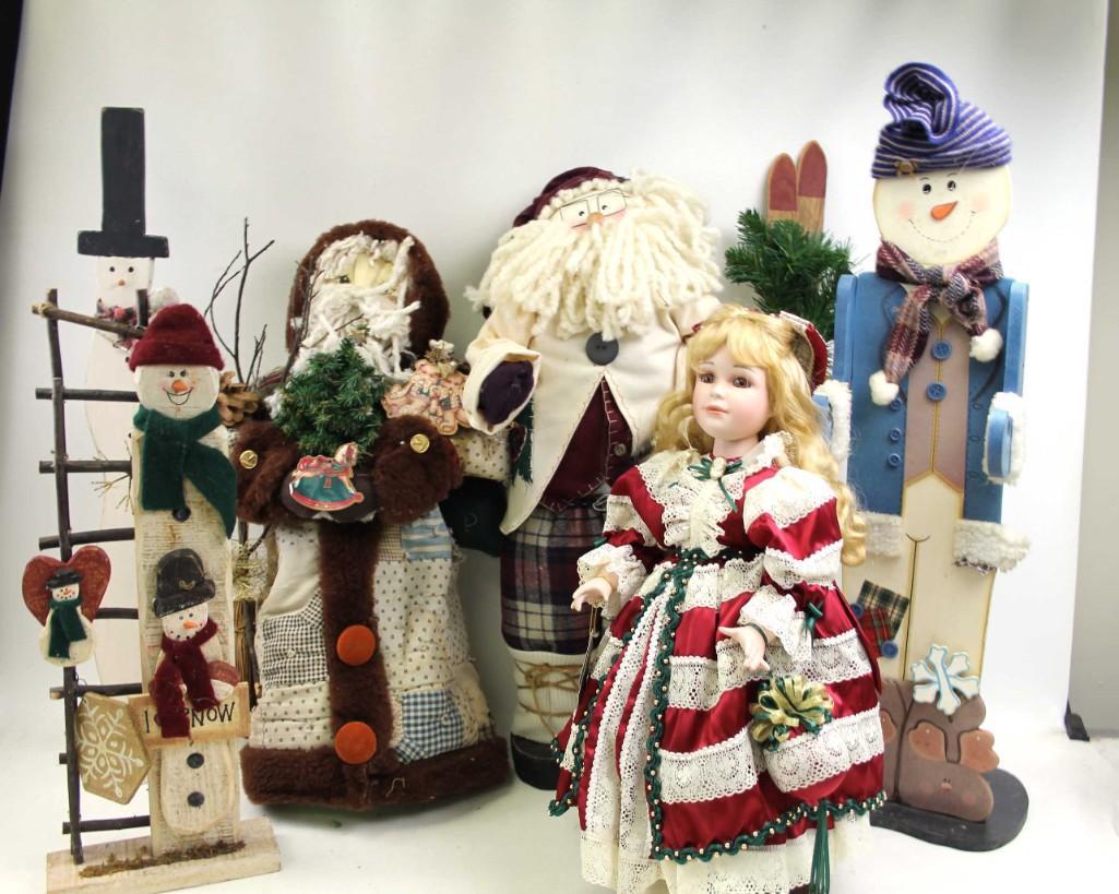 Lot of Christmas Decor incl Snowmen , Santas, Porcelain: Lot of Christmas Decor incl Snowmen , Santa Claus, Porcelain Doll , Etc