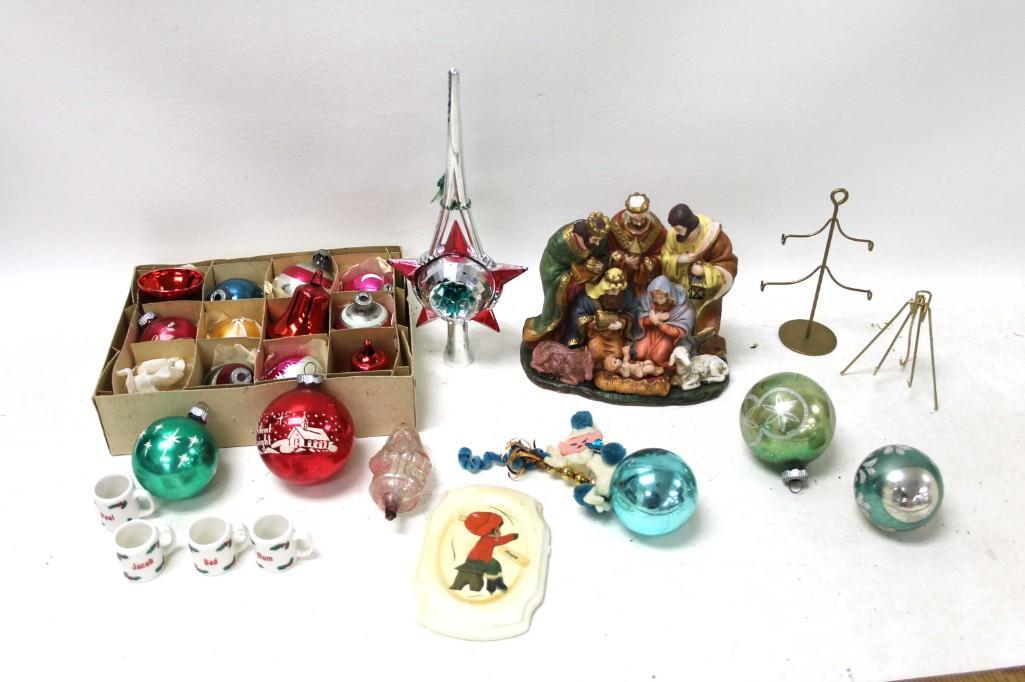 Lot of Vintage Christmas Ornaments incl Mercury Glass: Lot of Vintage Christmas Ornaments incl Mercury Glass . Tree topper is vintage plastic