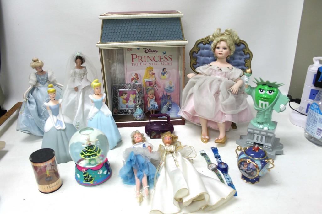 Disney Princess Lot w Cinderella Barbies , Wooden: Disney Princess Lot w Cinderella Barbies , Wooden Display Case , Music Box , Etc