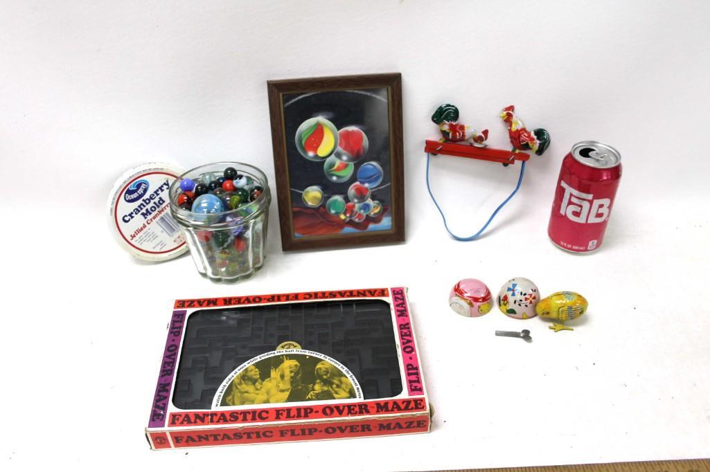 Toy Lot incl Tin Toys , Marbles , Fantastic Flip Over: Toy Lot incl Tin Toys , Marbles , Vintage Fantastic Flip Over Maze in Original Box , Etc