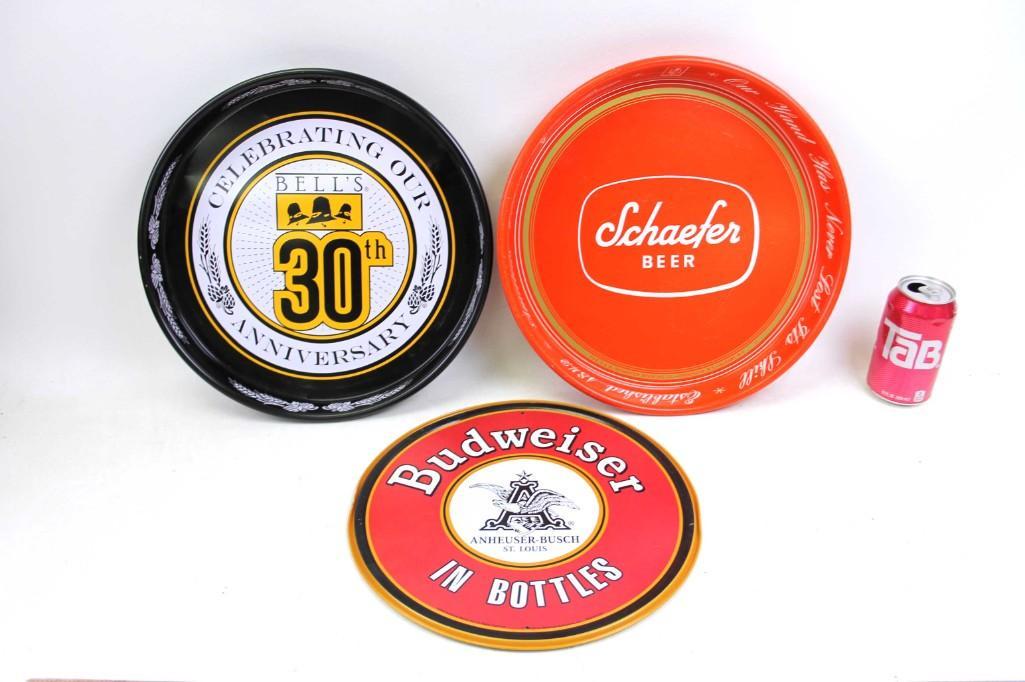 2 Metal Beer Trays incl 1 Schaefer Beer and 1 Bell's: 3 Beer Advertising Items including 2 Metal Beer Trays incl 1 Schaefer Beer and 1 Bell's Plus a Metal Budweiser Sign Condition: Bell's has some small dents and scratches, Schaefer has some scratc