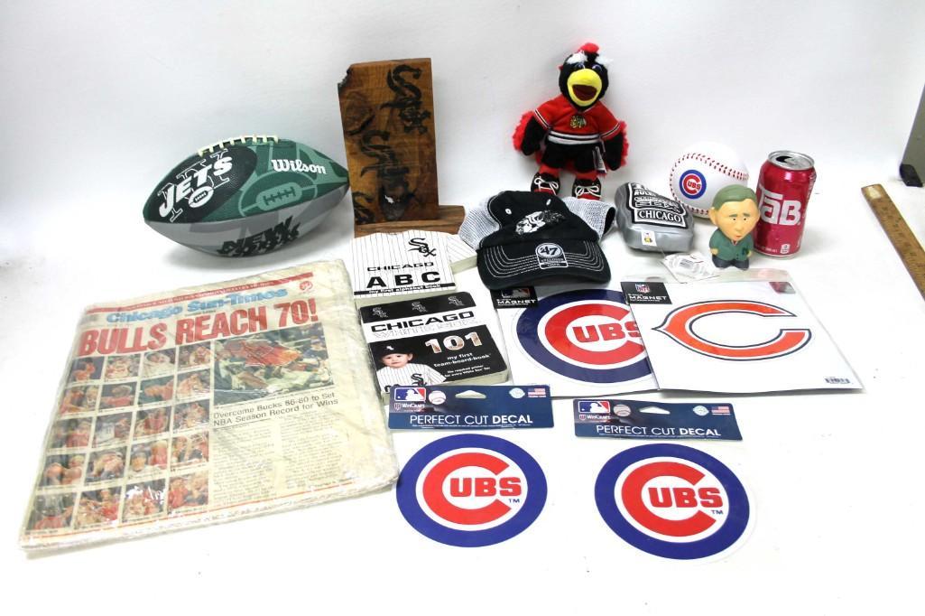 Sports Lot incl NY Jets Football , Chicago Blackhawks: Sports Lot incl NY Jets Football , Chicago Blackhawks Plush , Cubs items , White Sox items , Etc