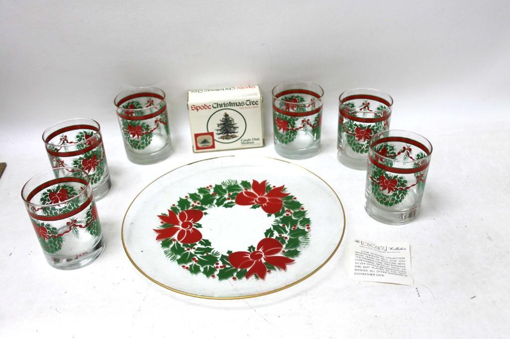Wreath Plate and Rocks Glass and a Spode Christmas Tree: Wreath Plate and Rocks Glass and a Spode Christmas Tree Candy Dish . Note: There was a Toscany Collection label with the plate and glasses, but we are not certain that these were mad