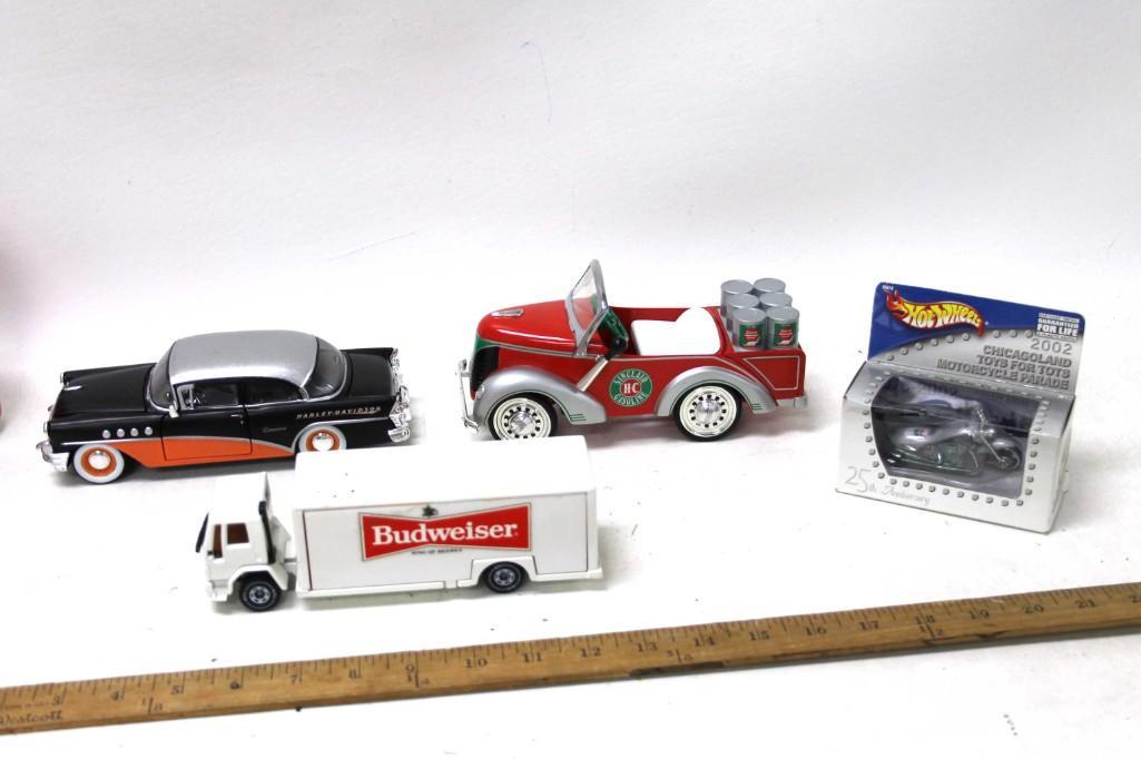 Lot of Toy Cars and Vehicles incl Diecast Harley: Lot of Toy Cars and Vehicles incl Die Cast Harley Davidson 1955 Buick Century , Sinclair Car , Hot Wheels Motorcycle , Budweiser Truck