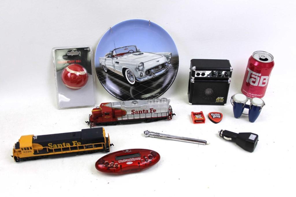 Collectibles lot incl 2 HO Model Train Engines , Mini: Collectibles lot incl 2 HO Model Train Engines , Mini Drums , Phillip Palma Dream Machines T-Bird Car Collector Plate , New Parking Guide Ball , Etc