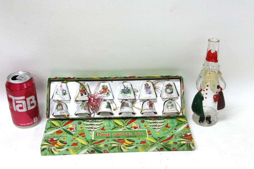 Vintage Christmas incl Figural Glass Santa and 12: Vintage Christmas incl Figural Glass Santa and 12 China Christmas Bell Ornaments