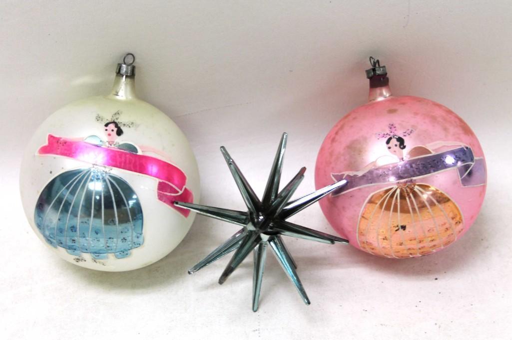 3 Vintage Christmas Ornaments: 3 Vintage Christmas Ornaments including 2 Mercury Glass with Princess Designs and a vintage plastic MCM atomic star