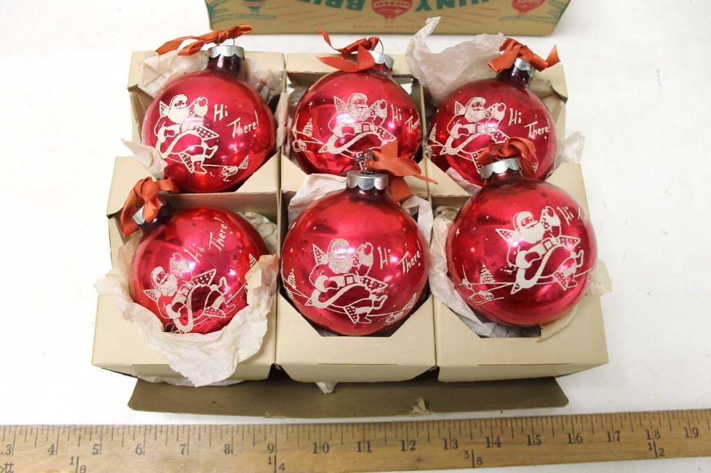 6 Vintage Mercury Glass Red Ornaments with a Stenciled: 6 Red Vintage Mercury Glass Ornaments with a Stenciled Santa Design . These are in a Shiny Brite box, but I do not think they are Shiny Brite ornaments as the caps are not the style typical of S