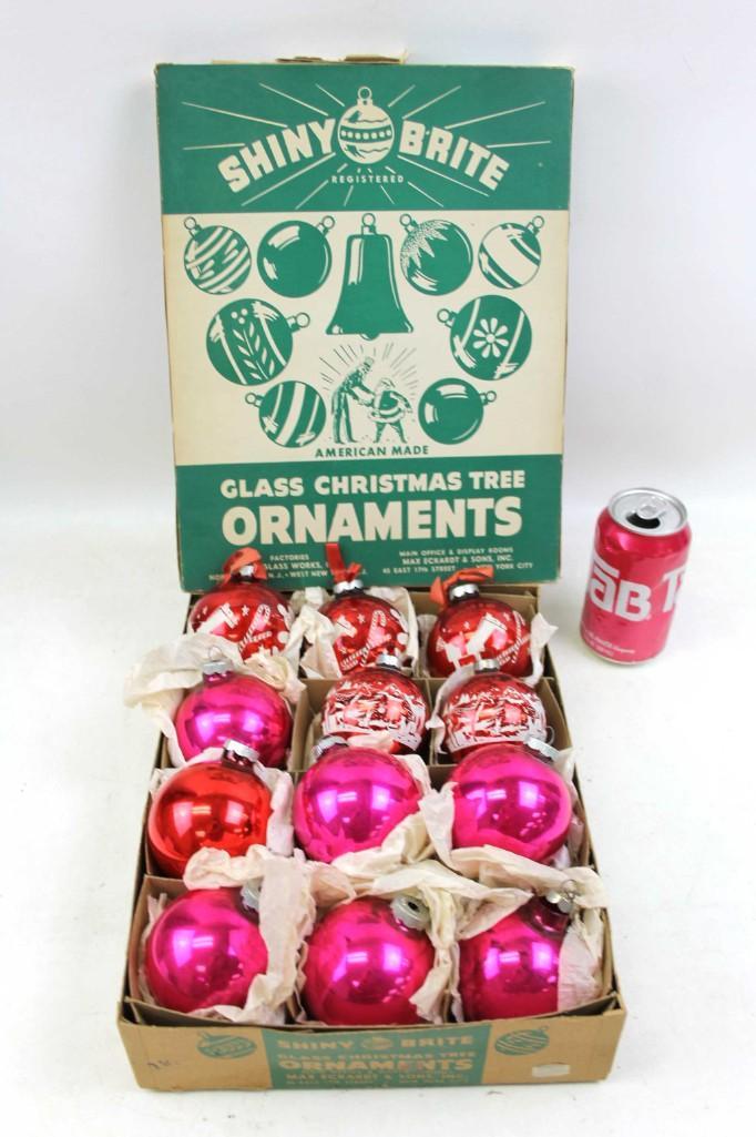 Lot of Mercury Glass Christmas Ornaments incl Shiny: Lot of mercury glass Christmas ornaments. There are 6 hot pink Shiny Brite ornaments , 5 red stenciled ones that are an unknown brand , 1 plain red one that is an unknown brand plus a Shin