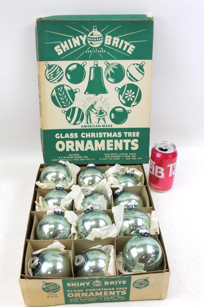 12 Aqua Shiny Brite Christmas Ornaments in Original Box: 12 Vintage Shiny Brite Aqua Mercury Glass Christmas Ornaments in Original Box Lot G
