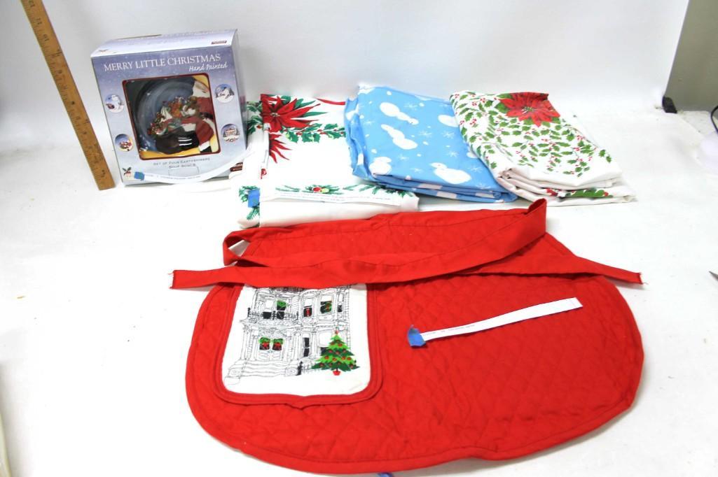 Christmas Lot incl 3 Tablecloths , a Apron , Christmas: Christmas Lot incl 3 Tablecloths , a Apron , Christmas Soup Bowls New in Box . Tablecloths incl 1 blue flannel backed vinyl with snowmen approx 70"x50" , 2 off white with Christmas designs 1 app