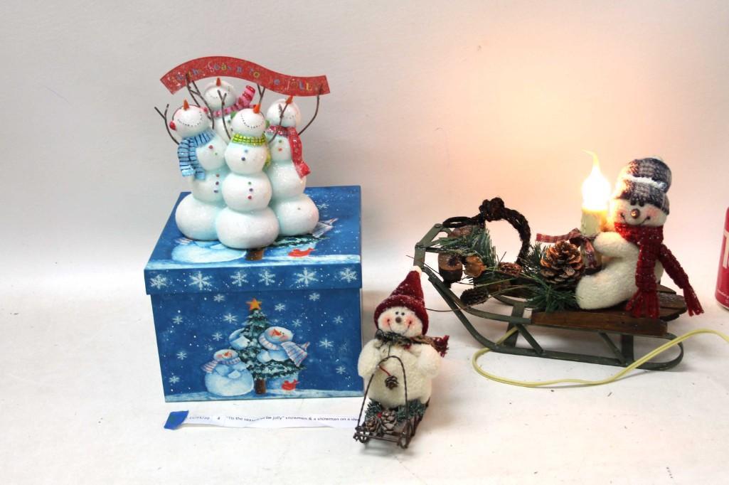 Holiday Snowman Lot incl Snowmen on Sleds: Holiday Snowman Lot incl Snowmen on Sleds and a Jolly Snowmen Figure Condition: Jolly snowman figure appears to be broken in the back. Please see all pictures