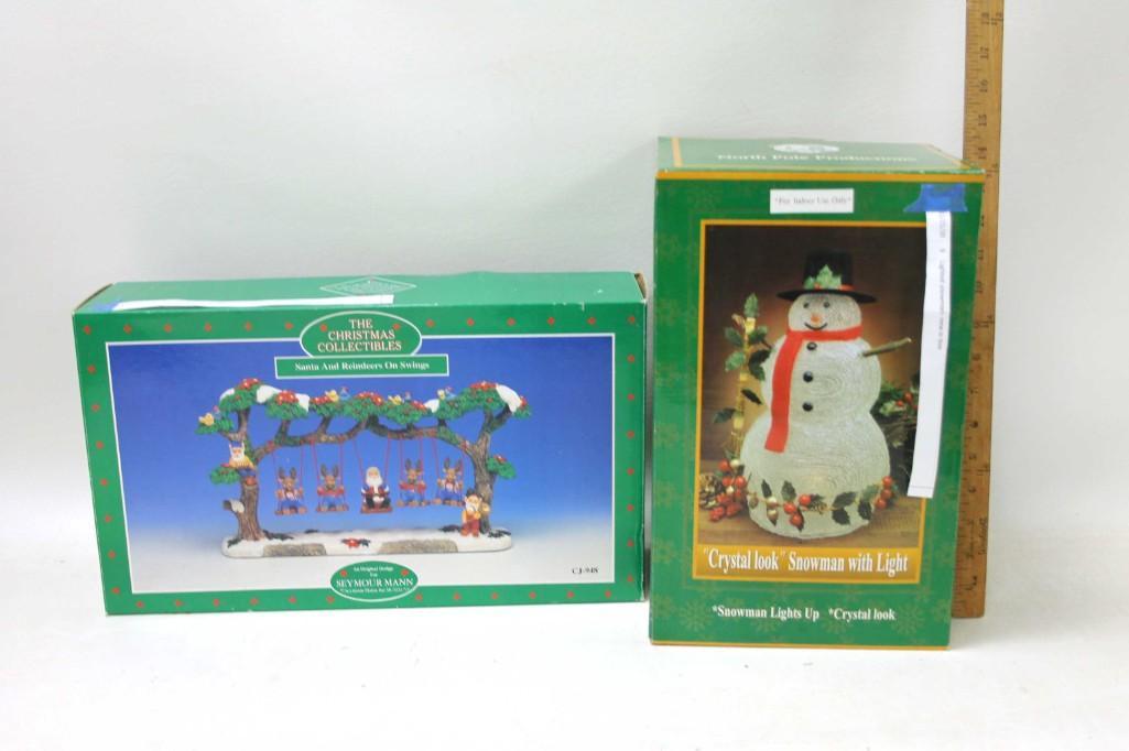 2 Christmas Decorations incl Seymour Mann Santa and: 2 Christmas Decorations incl Seymour Mann Santa and Reindeers on Swings and a Lighted Snowman . Both are new in box