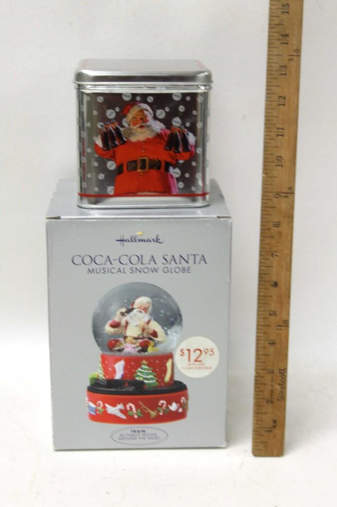 Coca Cola Christmas Lot incl Musical Snow Globe and Tin: Coca Cola Santa Musical Snow Globe in Original Box and Tin