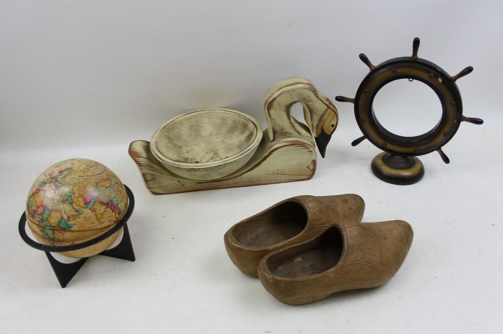 Misc. Lot Globe, wooden shoes, Ship Steering Wheel,: Misc. Lot Globe, wooden shoes, Ship Steering Wheel, Wooden Swan Bowl