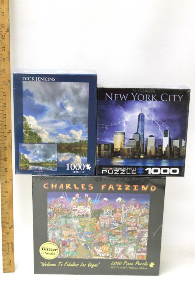 3 Jigsaw Puzzles New and Sealed incl Charles Fazzino ,: 3 Jigsaw Puzzles New and Sealed incl Charles Fazzino Welcome to Fabulous Las Vegas 2000 Piece Puzzle , Dick Jenkins Serenity 1000 Piece Puzzle , and City Collection New York City Eurographic